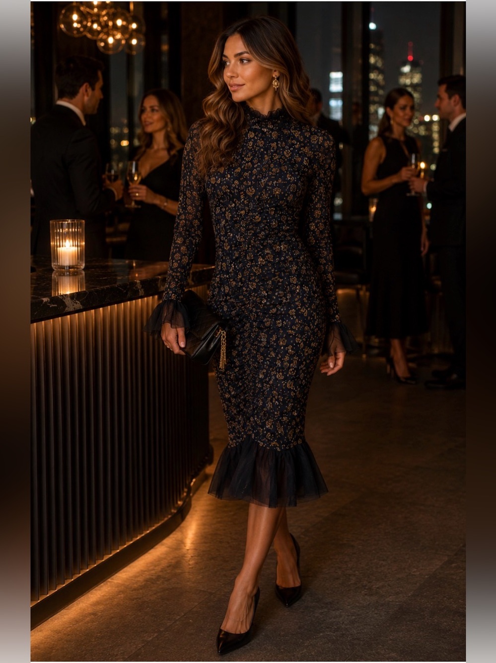 Veronica Beard Black and Gold Floral Lace Midi Dress - Picture 4 of 13
